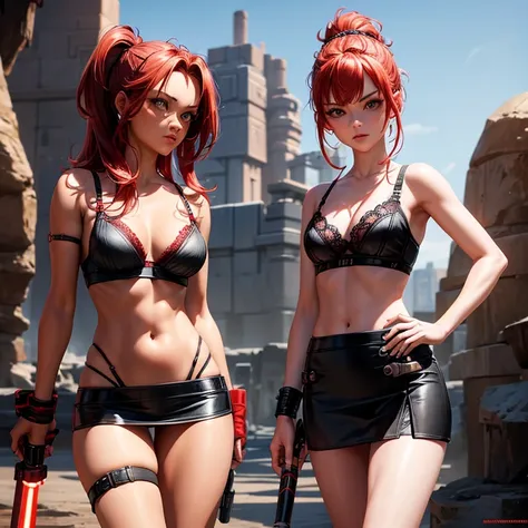 Twin Sexy Female jedi, red hair, tannned skin, skinny, welding lightsaber, black lace mini skirt and bra, sandy arena