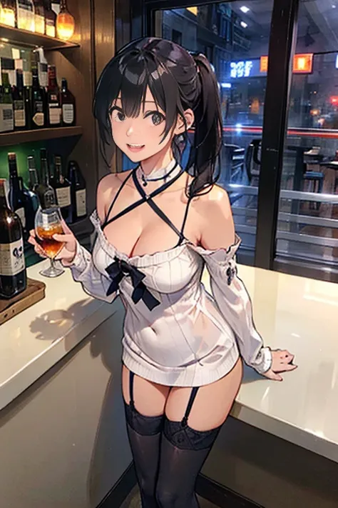 (from above:1.1),(from side:0.9), ((Face)), (Close-Up:0.4), masterpiece,"A 22-year-old girl stands at a bar counter. She is dressed in a stylish off-shoulder dress, sweater dress, off-shoulder sweater, white sweater,garter stocking, black skirts, white thi...