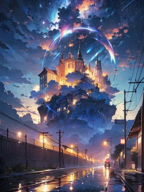 High quality masterpiece, landscape, (Animated train passing through water on the tracks), Bright starry sky. break Romantic train, Pixiv, Concept Art, Lofi Art style, reflection. by makoto shinkai, Lofi Art, Beautiful anime scene, break Anime landscape, d...