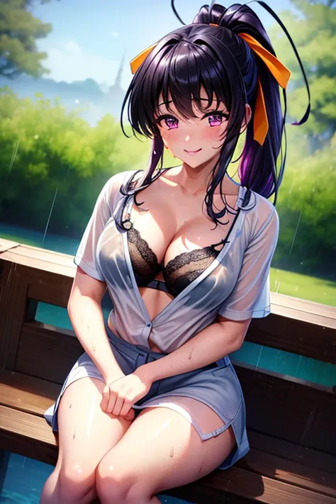 best quality, masterpiece, 1girl, (solo:1.1), raytracing, ultra detailed,detailed face, 8k wallpaper, wide hips, smile, HimejimaAkenoNDV, 1girl, black hair, small breasts,  very long hair, purple eyes, red skirt, , shirt, corset, ponytail, hair ribbon, rib...