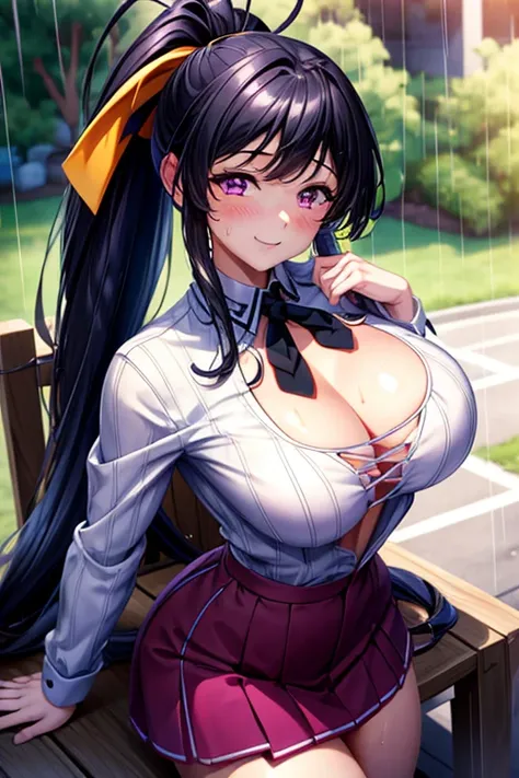 best quality, masterpiece, 1girl, (solo:1.1), raytracing, ultra detailed,detailed face, 8k wallpaper, wide hips, smile, HimejimaAkenoNDV, 1girl, black hair, small breasts,  very long hair, purple eyes, red skirt, , shirt, corset, ponytail, hair ribbon, rib...