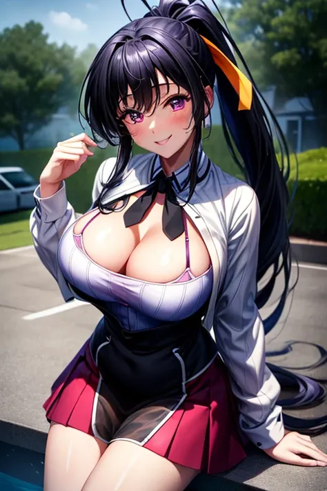 best quality, masterpiece, 1girl, (solo:1.1), raytracing, ultra detailed,detailed face, 8k wallpaper, wide hips, smile, HimejimaAkenoNDV, 1girl, black hair, small breasts,  very long hair, purple eyes, red skirt, , shirt, corset, ponytail, hair ribbon, rib...