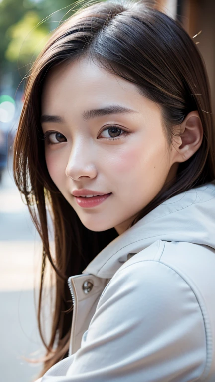 With the alleys of Kyoto in the background、18-year-old girl、independent、Look forward、Light eye makeup、Brown Hair Color、flat 、Hair blowing in the wind、Quality of actress、Shiny, Ultra-realistic faces、Smile expression、Watery eyes、look up、Soothing lighting eff...