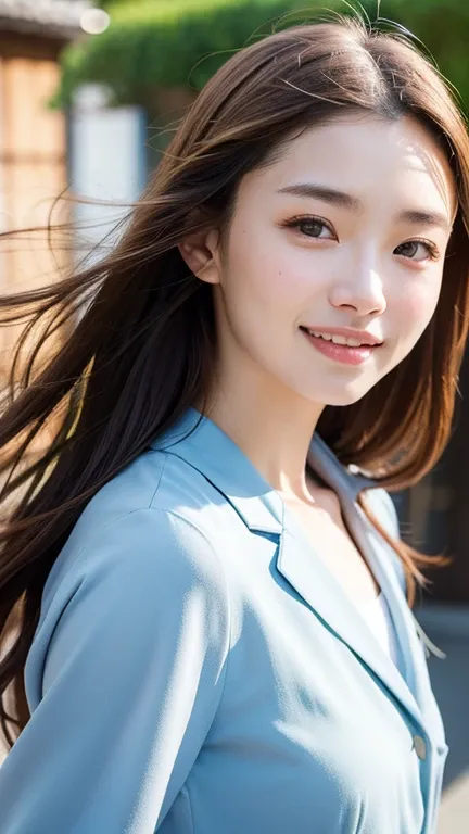 With the alleys of Kyoto in the background、18-year-old girl、independent、Look forward、Light eye makeup、Brown Hair Color、flat 、Hair blowing in the wind、Quality of actress、Shiny, Ultra-realistic faces、Smile expression、Watery eyes、look up、Soothing lighting eff...