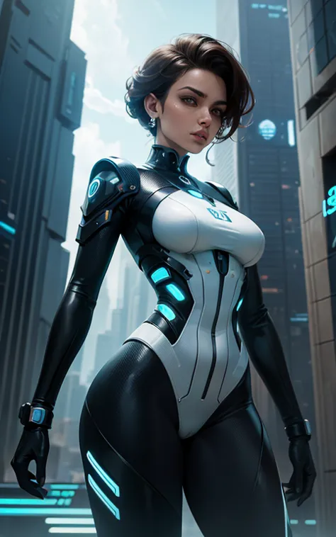 obra de arte, melhor qualidade, uma mulher com traje scifi, futurista, ciborgue, you are in a futuristic city, outro planeta, sc...