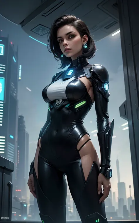 obra de arte, melhor qualidade, uma mulher com traje scifi, futurista, ciborgue, you are in a futuristic city, outro planeta, sc...