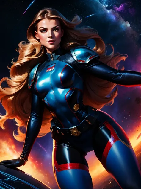 Best quality illustration, space beautiful vintage woman,long hair, looking to observer, LITTLE SHY SMILE, tight hi-tech armor leotard black, RED and blue with intrincated details over glossy pantyhose, adjusting hi-tech gloves, militar tactical belt, thig...