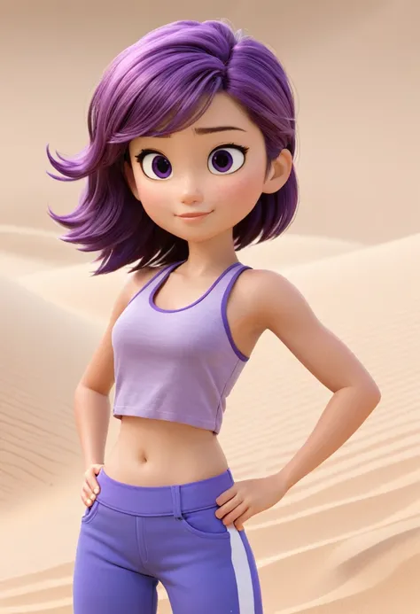 Une Japonaise de 14 ans, cheveux violet, collier bleu, Grey tank top, agonisant dans un sable mouvant 3d Pixar, (best quality, 4k, 8k, High resolution, chef-d&#39;artwork:1.2), Ultra-detailed, (Realistic, photoRealistic, photo-Realistic:1.37), Des couleurs...