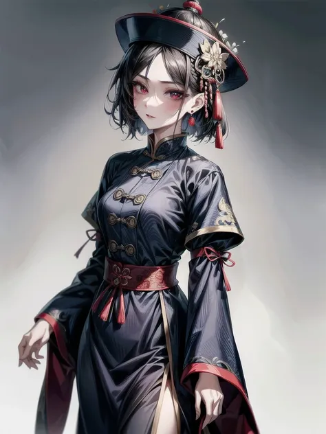 cemetery, dress, braid, chinese clothes, headwear, ofuda, jiangshi, qing guanmao, absurdres, RAW photo, extremely delicate and beautiful, masterpiece, Best Quality, ultra high resolution, 32k, hyperrealistic, ultra-detailed, detailed description, pale skin...