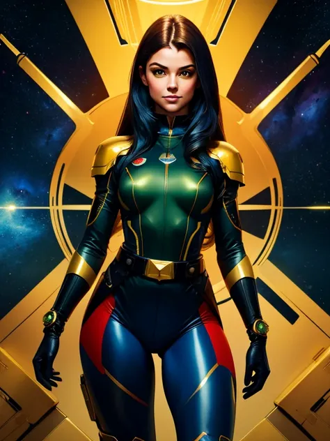 Best quality illustration, space beautiful woman,long hair, looking to observer, LITTLE SHY SMILE, tight hi-tech armor gold, RED and blue with intrincated details over glossy pantyhose, adjusting hi-tech gloves, militar tactical belt, thighs and knee,green...