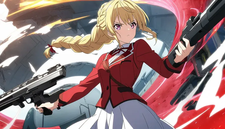 gril,beautiful,pink eyes,anime ,Red school outfit(red outfit,white skirt),girl,beauty,blonde hair, braid hairstyle, ponytail,Gear mode,Gun gear,Anime style,Infinite stratos style