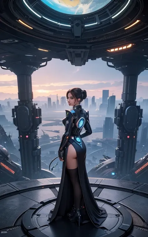 obra de arte, melhor qualidade, bem detalhado, uma mulher com traje futurista, scifi, ciborgue, you are in a futuristic city on ...