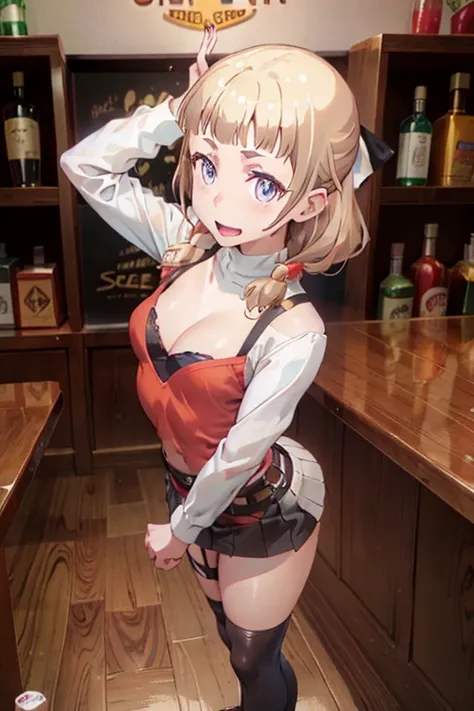 (from above:1.2),(from side:0.9), ((Face)), (Close-Up:0.4), masterpiece,"A 26-year-old girl stands at a bar counter. She is dressed in a stylish off-shoulder dress, sweater dress, off-shoulder sweater, red sweater,garter stocking, midriff, red skirts, blac...