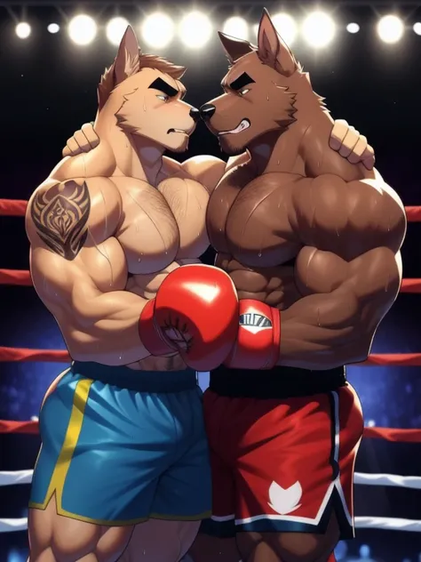 Duo male fighters(Brown Dog vs Brown Dog, handsomes, perfect eyes, Thick eyebrows), beso gay(They are hugging each other around their necks after of finish a boxing match), hot(Full body, Shirtless), handsomes(They are handsomes, correct anatomy), musculos...