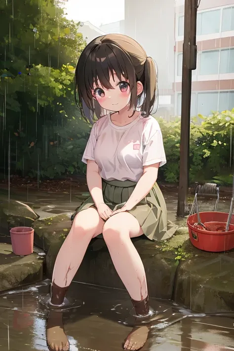 Koharu Minagi, Medium chest,heavy rain,Puddle,Muddy,Covered in mud,
sunaba,Outdoor, alone, bucket, shovel, Sitting, skirt