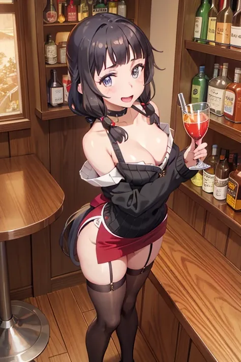 (from above:1.2),(from side:0.9), ((Face)), (Close-Up:0.4), masterpiece,"A 26-year-old girl stands at a bar counter. She is dressed in a stylish off-shoulder dress, sweater dress, off-shoulder sweater, red sweater,garter stocking, midriff, red skirts, blac...