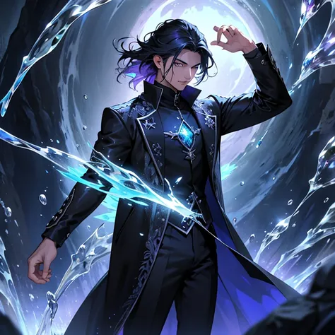 Criar garoto humano negro com cabelos crespos, using water element magic, coberto por uma aura azul, wearing a black coat with a purple crystal design and black pants, in an RPG setting