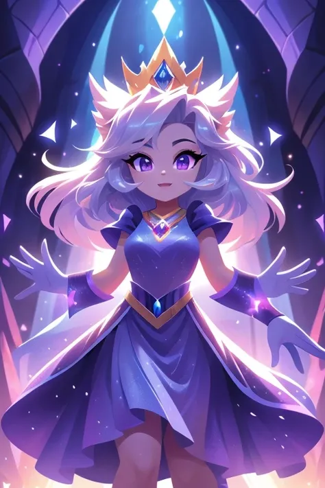 Cor: Cabelos roxos, olhos azuis
Roupa: Long silver dress with purple details Specific Power: Illusion Manipulation Background Screen: Magical castle on top of a hill Accessories: Crown with precious stones that amplify your powers Introduction: Luna is a p...