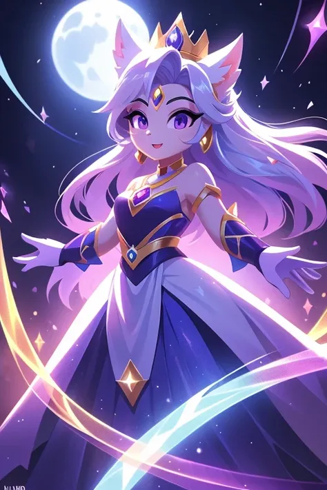 Cor: Cabelos roxos, olhos azuis
Roupa: Long silver dress with purple details Specific Power: Illusion Manipulation Background Screen: Magical castle on top of a hill Accessories: Crown with precious stones that amplify your powers Introduction: Luna is a p...