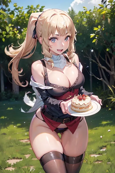 (dynamic angle:1.3, front view:1.1, breast focus:1.3, from below:1.2), (dynamic posing:1.5, sexy posing:1.3, leaning forward), (seductive smiling:1.3), ((looking at viewer, holding a cake)),highest quality、(real、photorealistic:1.4),(ultra high resolution, ...