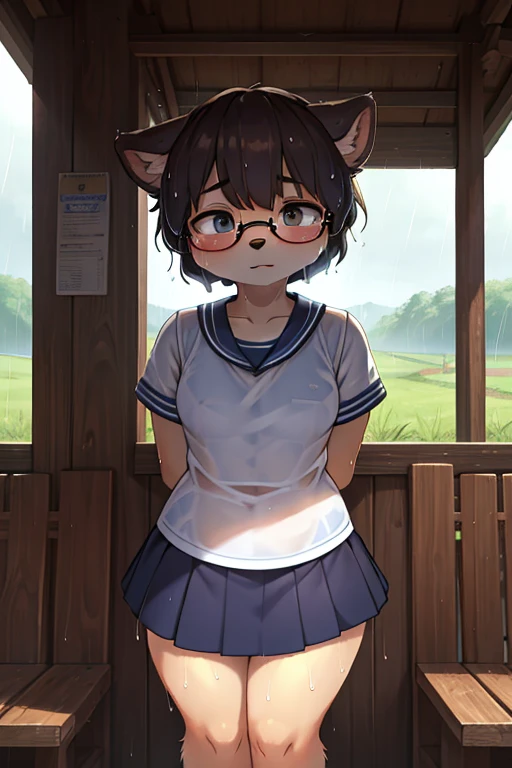 focus face , hairy racoon dog Short stature girl wearing black sports bra , (Short stature) , realistic hairy fur , round face , (tilt face:1.2) , Dull geek , (half-open eyes) , Swollen cheeks , glossy lips , flat chest , (look away:1.2) , eyewear, neat wh...