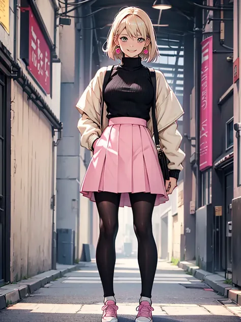 ((Best quality)), ((masterpiece)), top quality), standing alone, black skirt, black tights, pink shoes, grey sweater, bleach blonde hair, smiling, pink earrings