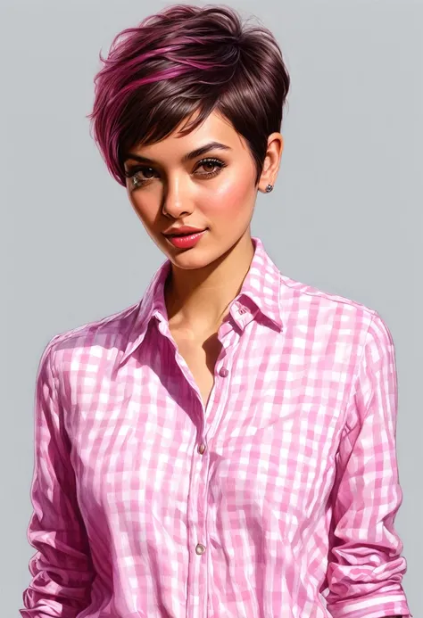 crea una mujer con pelo corte pixie ,con camisa rosa , obra maestra, estilo ilustracion de Ali Erturk, alto detalle, hiperrealista, luz natural,ilustracion , colores llamativos
