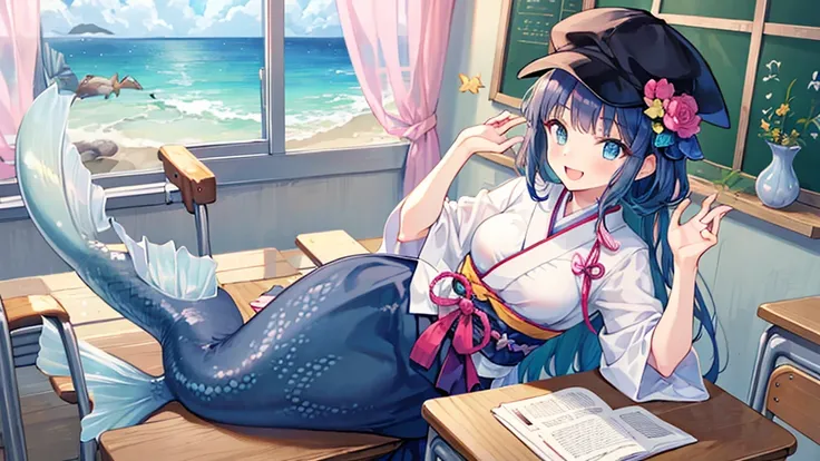 (Mermaid) girl,scales pattern hakama,Taisho Romance,
 girl,fish cap,laugh,school desk,