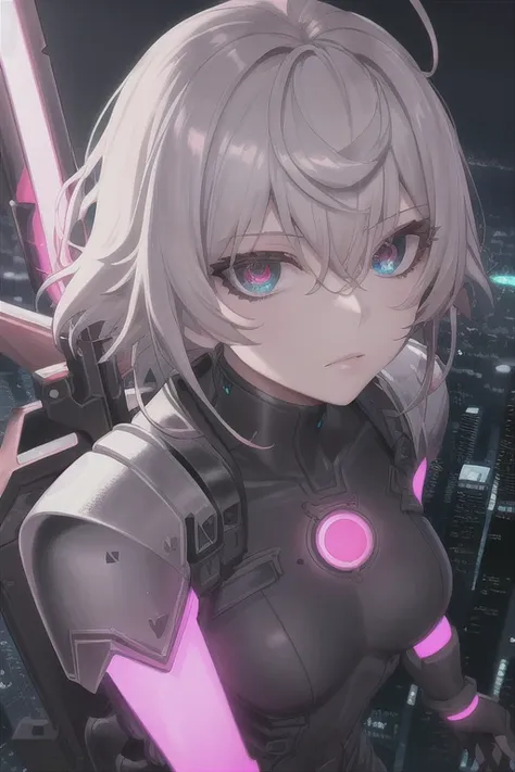 1girl, solo, city lights, (cyberpunk, cyberpunk style), from above,
 arlecchino(genshin impact), x-shaped pupils, black eyes, red pupils, white hair, 
bangs, headphones, breasts,
hoodie,
holding weapon, plasma sword,
cyborg, mechanical_bodysuit, bodysuit, ...