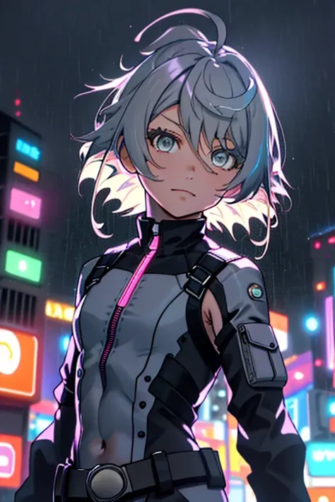 portrait, 1 girl, beautiful face, asymmetrical hair, multi-colored hair, belt, bodysuit, covered mouth, covered navel, detached sleeves, grey eyes, hip vent, open jacket, cute, look at viewer, night city, neon, rainy,