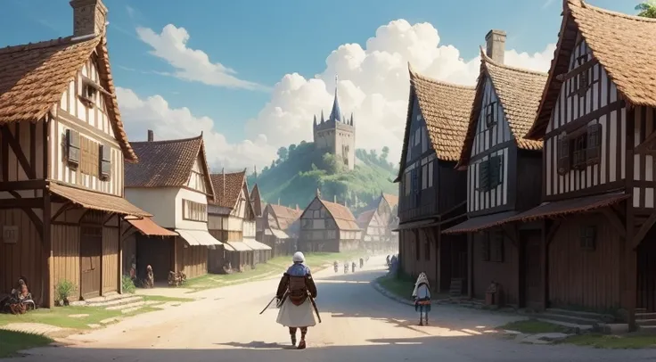 Village Middle Ages  with people na rua, Ultra realistic anime style, estilo anime 