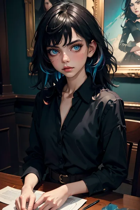 malcolm liepke, beautiful woman with black hair blue eyeshadow black lipstick, long messy hair, painterly, masterpiece, best qua...