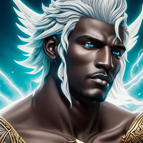 Create a hybrid angel-minotaur boy with black skin color, usando magias de gelo e relampago, com um olho azul e o outro vermelho, com cabelos crespos de cor branco, usando duas adagas como arma, com chifres e um par de asas brancas nas costas,