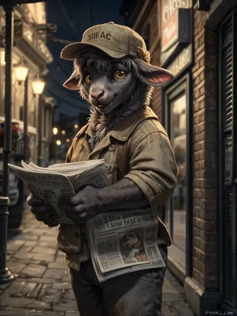 sheep，Child，male，Young man，Fat and strong，Golden Eyes，Gentle eyes，Lovely smile，Place your hands at your sides，Standing by the street，sell newspapers，cap，Newsboy clothing，night，Bustling streets（Detailed background:1.2),High Detail, Film Photography, Origina...