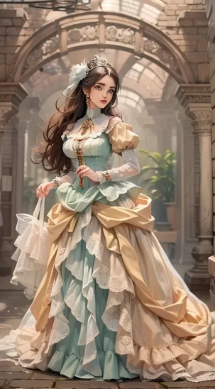 beautiful young woman, european view (a european view), in an intricate, romantic victorian outfit