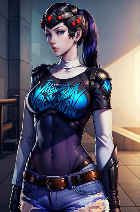 widow-normal,purple skin, head-mounted display ,ponytail, colored skin ,earrings, glossy lips , 1girl, solo, standing, black t-shirt, white shirt, blue jeans, belt, lipstick, large breasts, layered sleeves