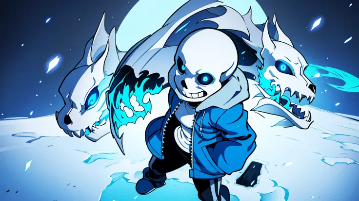 toby fox undertale sans blue jacket ,fire eyes skull smile long eyelashes white short hair glowing face blue keel cannon one sta...