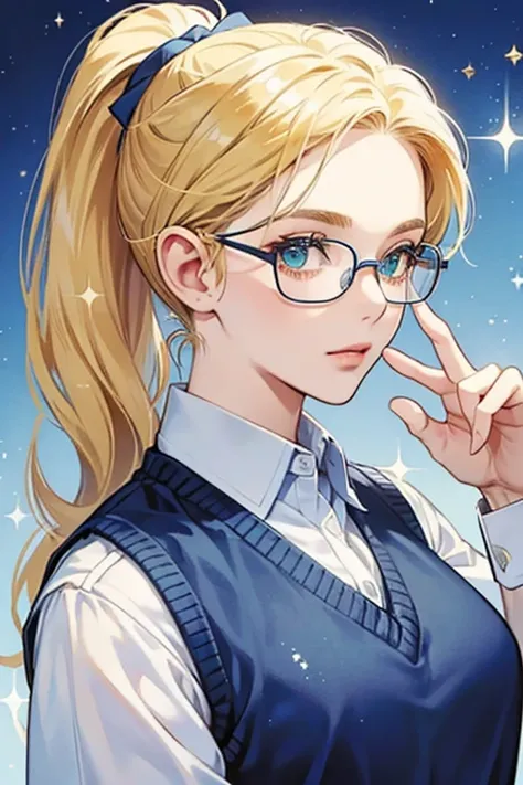 She has blonde hair worn in a ponytail. She wears glasses and her eyes are green. She wears a blue sweater vest and white collared shirt. SPARKLE; GLITTER