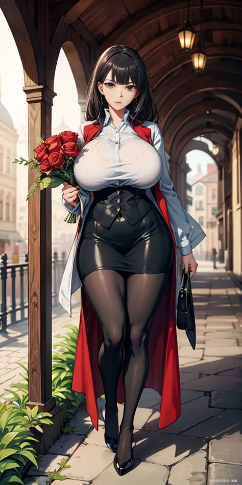 FEMALE, big breasts, voluminous breasts, curvy breasts, mesh stockings, standing with a bouquet (red roses), full height, bottom view, best quality, very detailed, ultra 8k resolution,huge breast, coat , vest, long skirt, portrait, full body, victorias clo...