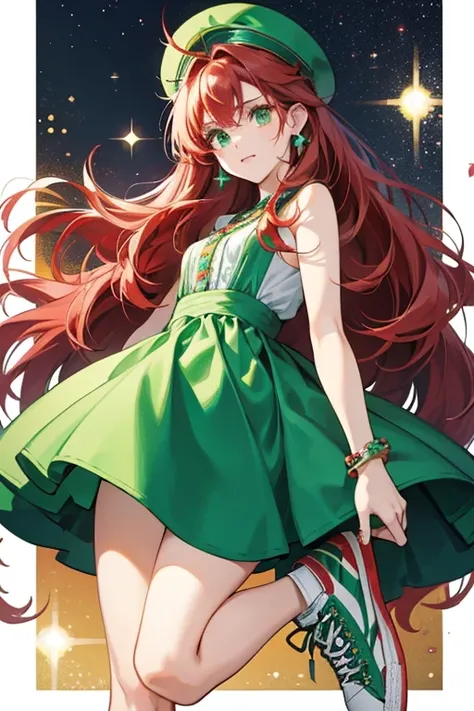 Sam with long thick red hair, emerald green eyes. Her outfits usually have flowers on them or she wears flowery accessories. However, she is also shown to wear high top sneakers. SPARKLE; GLITTER