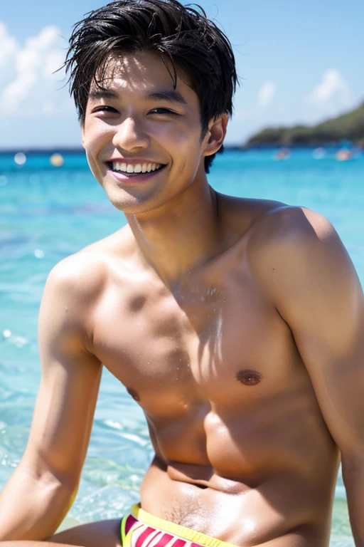 male　Age 26 Lifesaver swimwear smiling ピースサイン