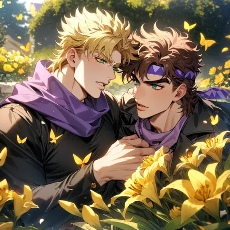 absurdres, highres, ultra detailed, HDR, master piece, best quality, Joseph Joestar, brown hair, expressive blue eyes, jojos bizarre adventure, Caesar Anthonio Zeppeli, blonde hair, expressive green eyes, purple headband, purple scarf, two men together, ga...