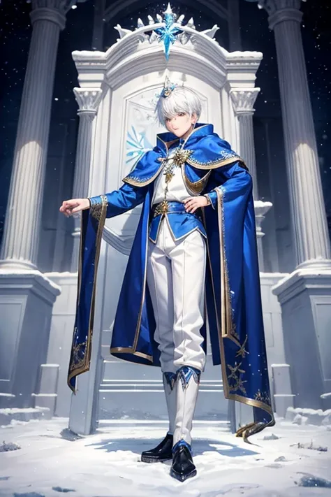 Jack Frost, 18 year old boy wearing blue medieval prince costumes with white snowflake prints, pantalones blancos, zapatos negros, botas azules, pelo blanco, crown of prince, fondo de la sala del trono 