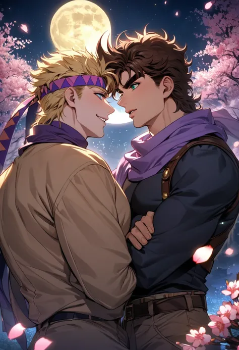 absurdres, highres, ultra detailed, HDR, master piece, best quality, Joseph Joestar, brown hair, expressive blue eyes, jojos bizarre adventure, Caesar Anthonio Zeppeli, blonde hair, expressive green eyes, purple headband, purple scarf, two men together, ga...