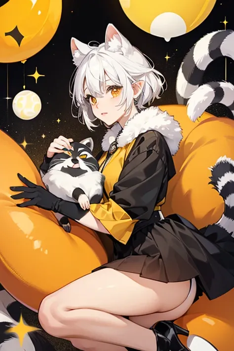 Araiguma is a yellow girl raccoon  Araiguma has yellow fur, black pointy ears, a black and white striped tail, white circles around black oval eyes, and an orange oval nose. SPARKLE; GLITTER