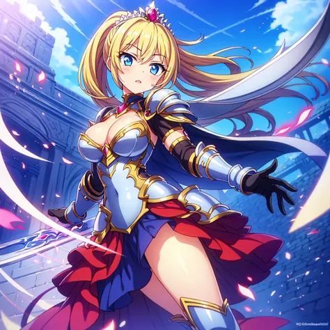 (masterpiece), highest quality, Expressive eyes, Perfect Face,One girl, Hold the sword above your head with both hands, a female knight in metal armor, red_Costume, white_armor,cropped shoulders armor, plate armor, armor dress,Gauntlet, Blonde,High Ponytai...