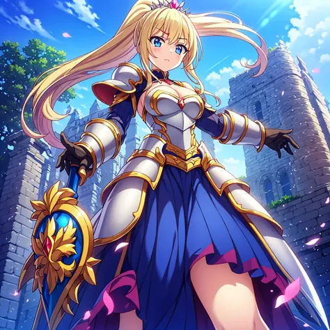 (masterpiece), highest quality, Expressive eyes, Perfect Face,One girl, Hold the sword above your head with both hands, a female knight in metal armor, red_Costume, white_armor,cropped shoulders armor, plate armor, armor dress,Gauntlet, Blonde,High Ponytai...