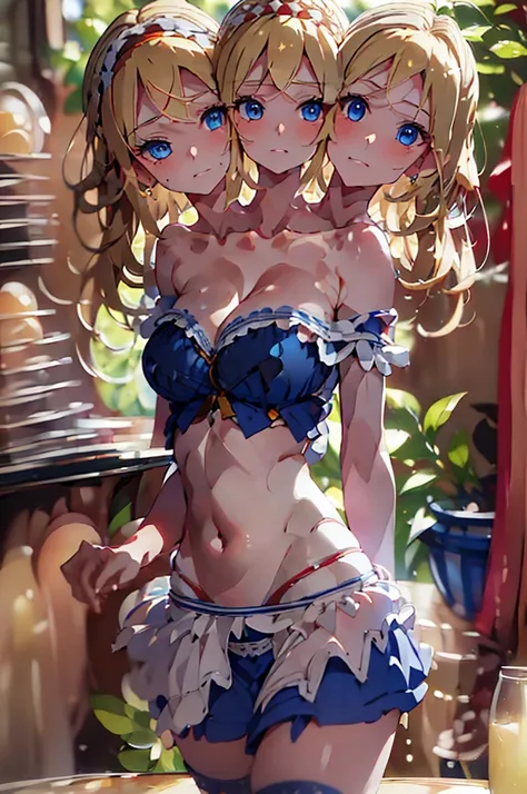 (masterpiece, best quality), best quality, (ultra-detailed), (3heads:1.5), 1girl, (alice margatroid :1.3), masterpiece, best quality, ultra quality, ultra resolution, ultra detail, blue top, crop top, ((stomach)), midriff, ((groin)), blue skirt, normal ear...