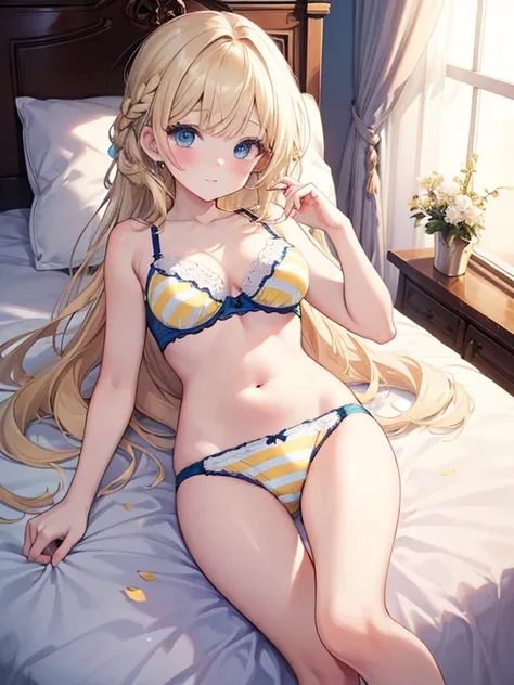 masterpiece, highest quality, Very detailed, 16k, Ultra-high resolution、One 6-year-old girl, Detailed face、Perfect Fingers, blue eyes, Blonde, Braid, Striped yellow panties, Striped yellow bra, Classical Western-style room, bed, Lie on your back