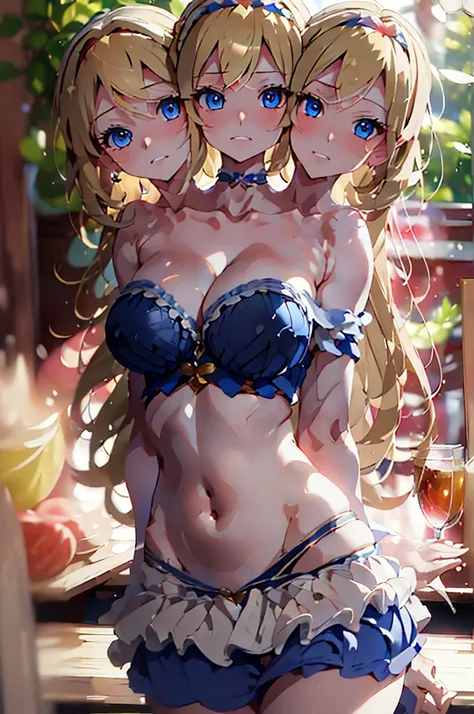 (masterpiece, best quality), best quality, (ultra-detailed), (3heads:1.5), 1girl, (alice margatroid :1.3), masterpiece, best quality, ultra quality, ultra resolution, ultra detail, blue top, crop top, ((stomach)), midriff, ((groin)), blue skirt, normal ear...